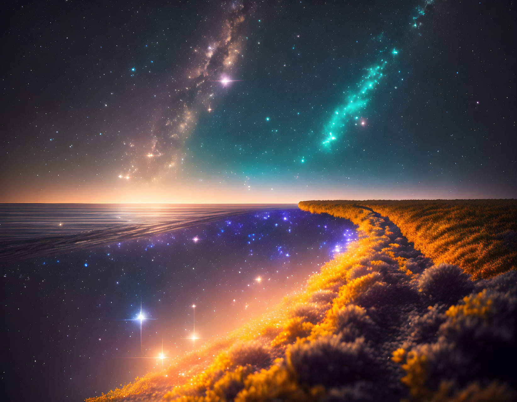 Vibrant nightscape with starry sky, shooting star, luminous path, and glowing horizon