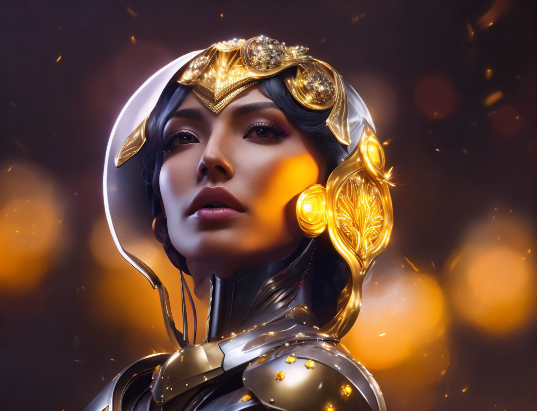 Person in Ornate Golden and White Armor with Glowing Light and Embers