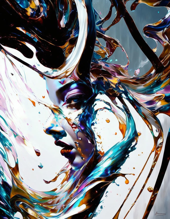 Vibrant abstract painting of female figure in swirling blues and golds