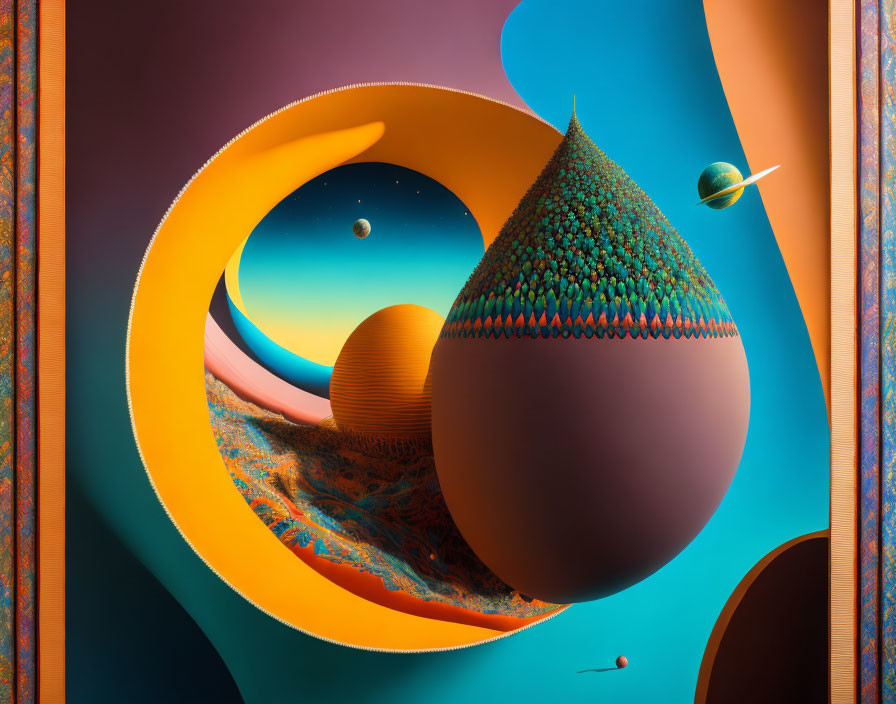 Vibrant surreal art: bold colors, geometric shapes, teardrop structure.