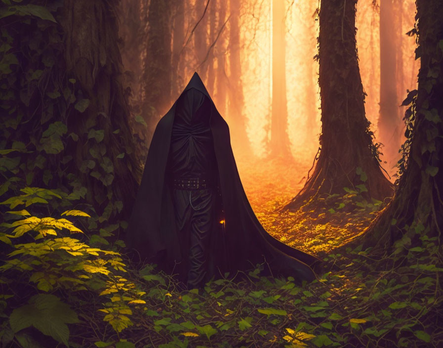 Mystical forest scene with cloaked figure and glowing light