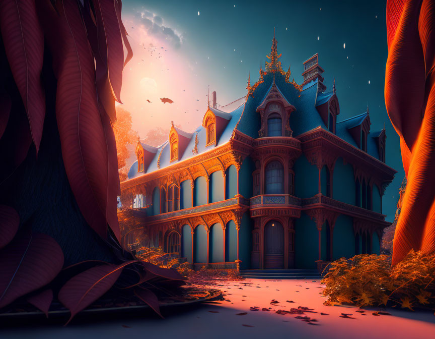 Victorian-style mansion in surreal dusk landscape