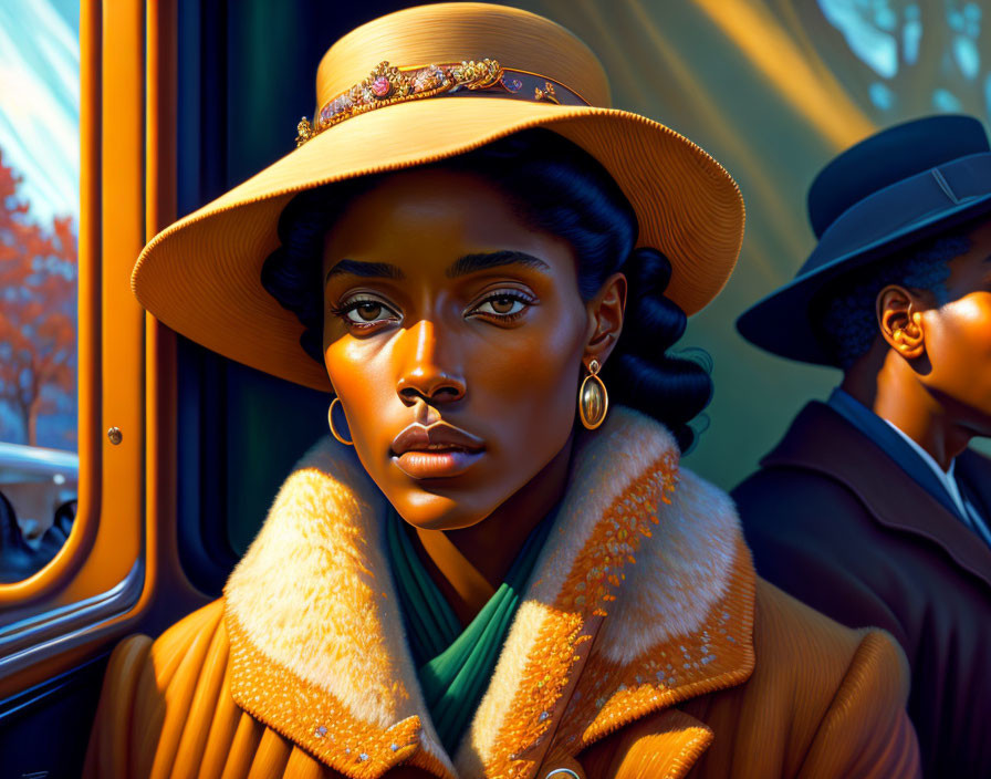 Digital art portrait of woman with blue eyes in yellow hat and fur coat near man on bus