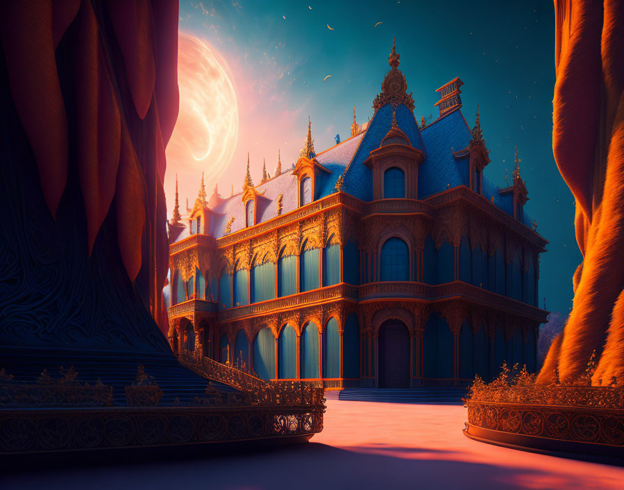 Fantasy castle at dusk with ornate architecture and large moon in sky