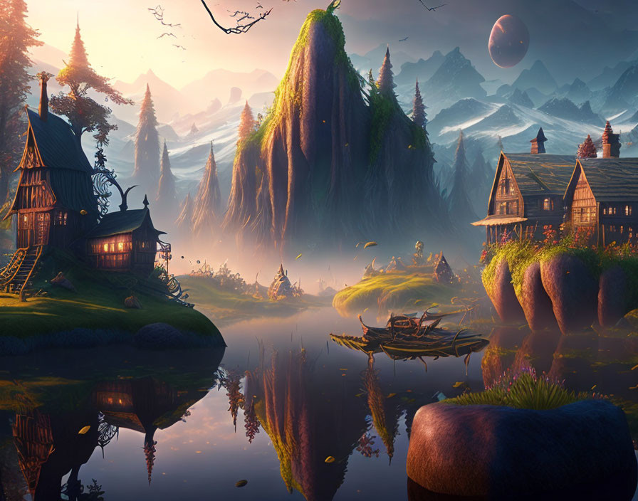 Tranquil fantasy landscape with traditional houses, reflective lake, misty mountains, lush greenery,