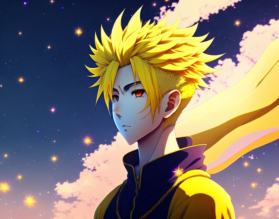 Spiky Blond-Haired Animated Character in Twilight Sky