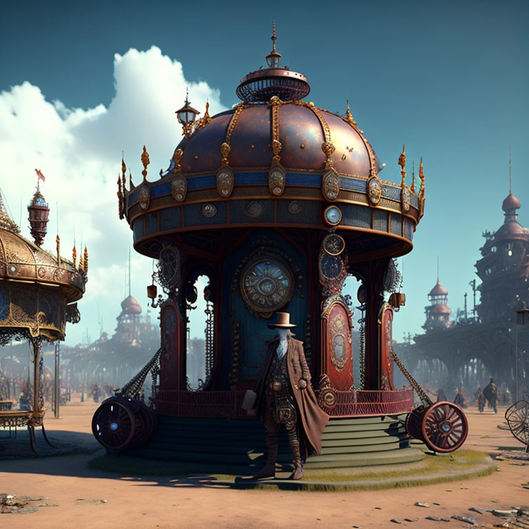 Fantastical carousel-like structure in surreal steampunk environment