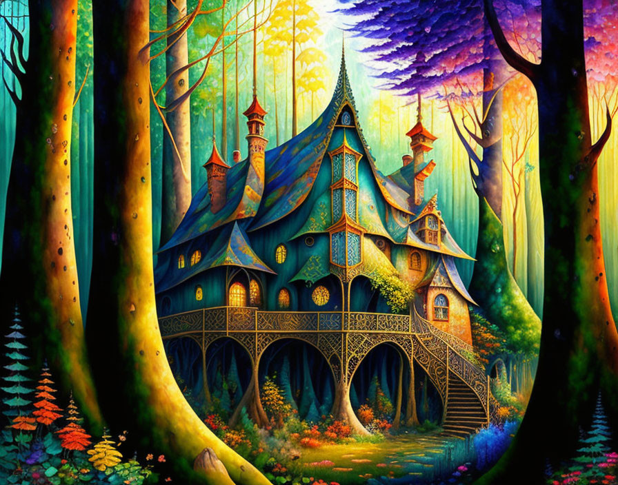 Colorful Whimsical Treehouse in Enchanted Forest