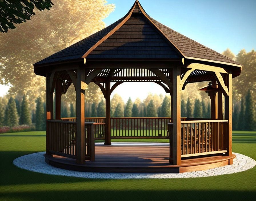 Circular wooden gazebo with shingled roof in lush green setting