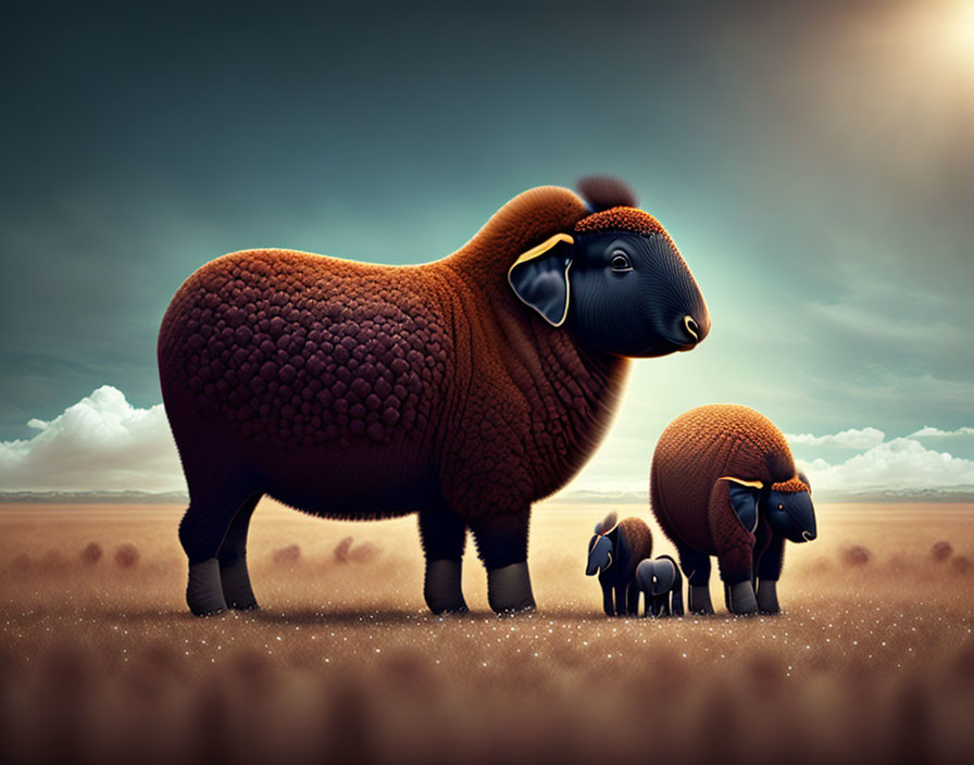 Stylized sheep digital art in surreal landscape