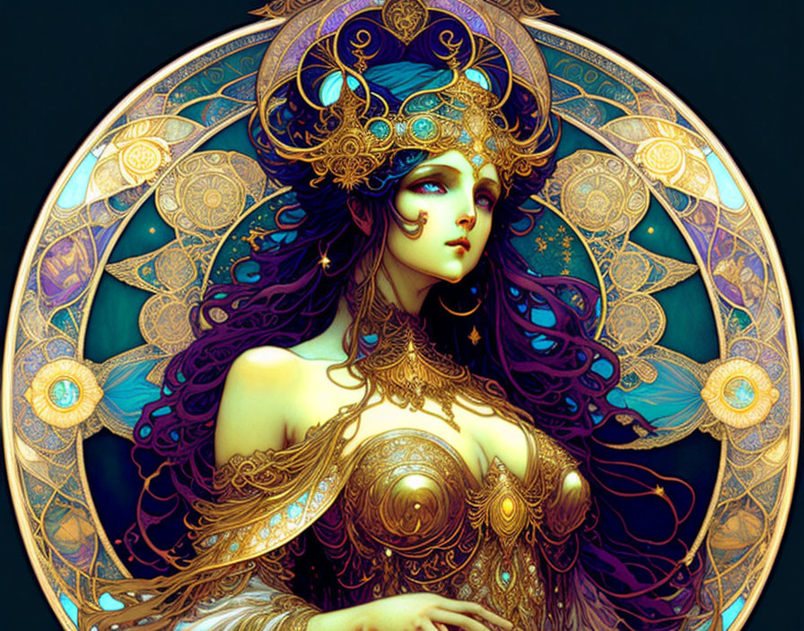 Illustrated female figure with golden jewelry and headdress in ethereal setting.