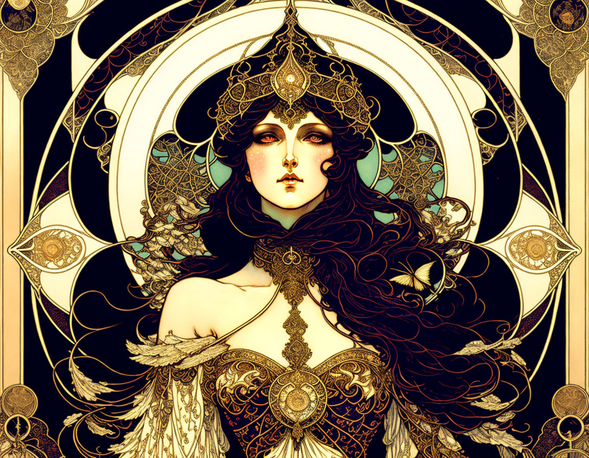 Art Nouveau-style illustration of woman with elaborate headdress and ornate jewelry