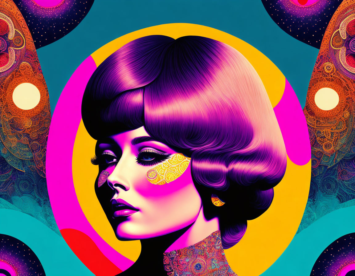 Colorful artwork: Stylized woman with retro bob haircut on psychedelic background