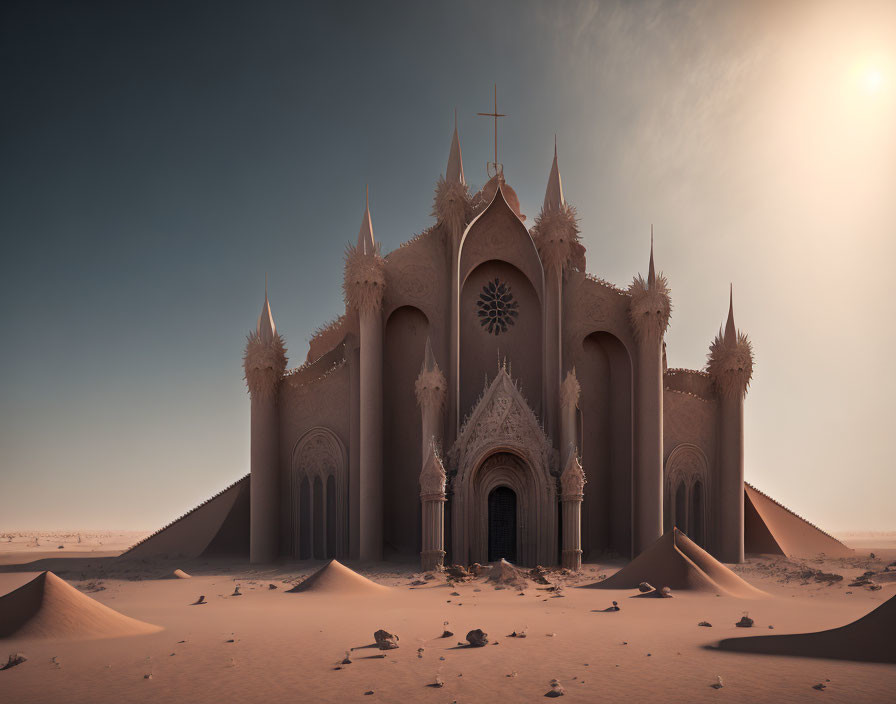 Gothic-style Cathedral with Spires and Rose Window in Sandy Desert