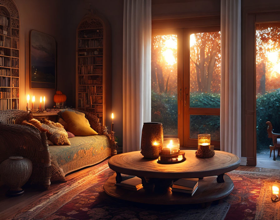 Cozy Dusk Room with Candles, Bookshelf, and Tree View