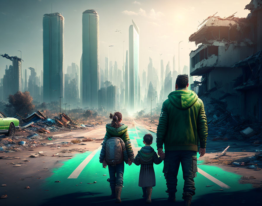 Family walking towards futuristic cityscape amidst ruins - juxtaposition of destruction and advanced civilization