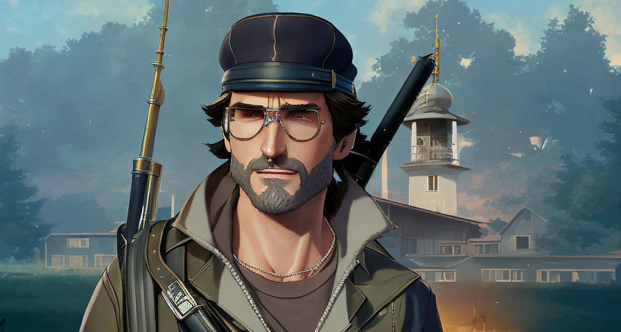 Bearded man in cap and glasses with rifle in forest and lighthouse scene