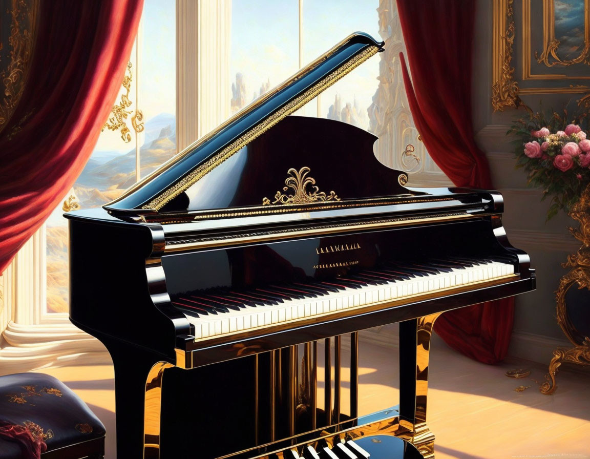 Luxurious Room with Elegant Grand Piano & Fantastical Cityscape View