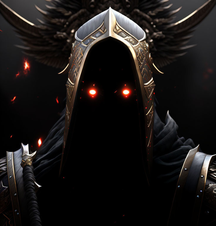 Sinister armored figure with glowing red eyes and wings in dark setting.