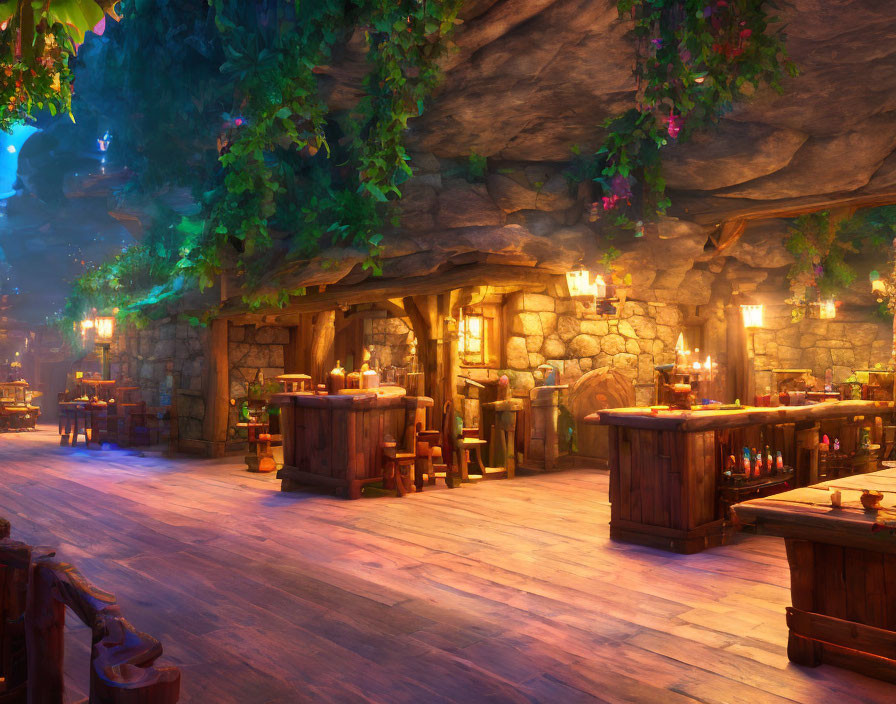 Warmly Lit Underground Tavern with Wooden Tables and Stone Walls