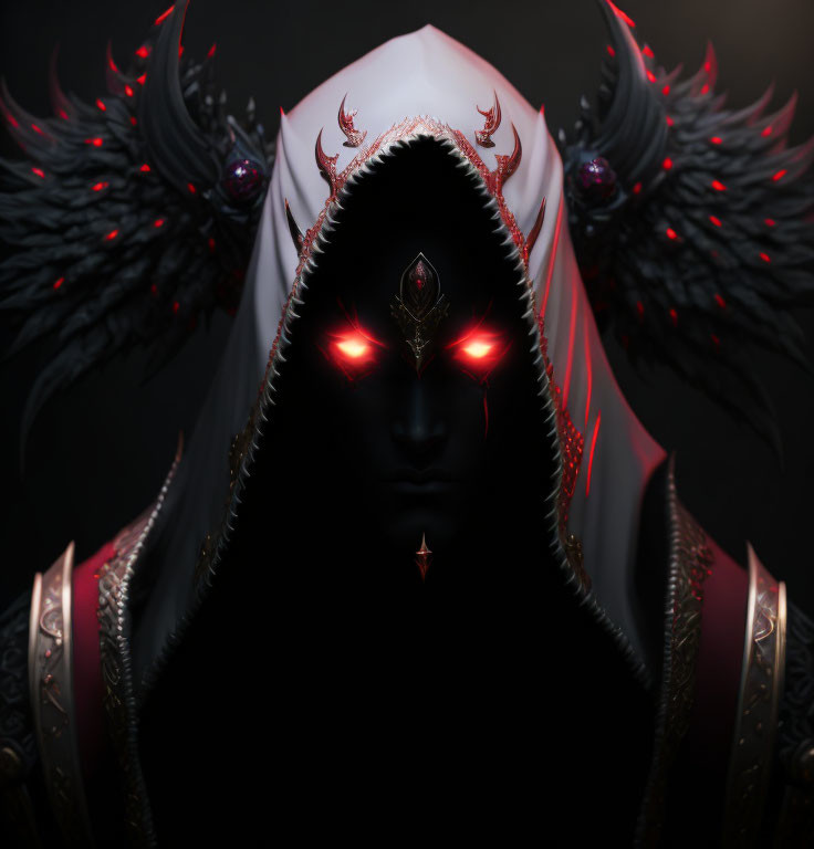 Mysterious Figure in Dark Armor with Glowing Red Eyes and Wing-like Embellishments