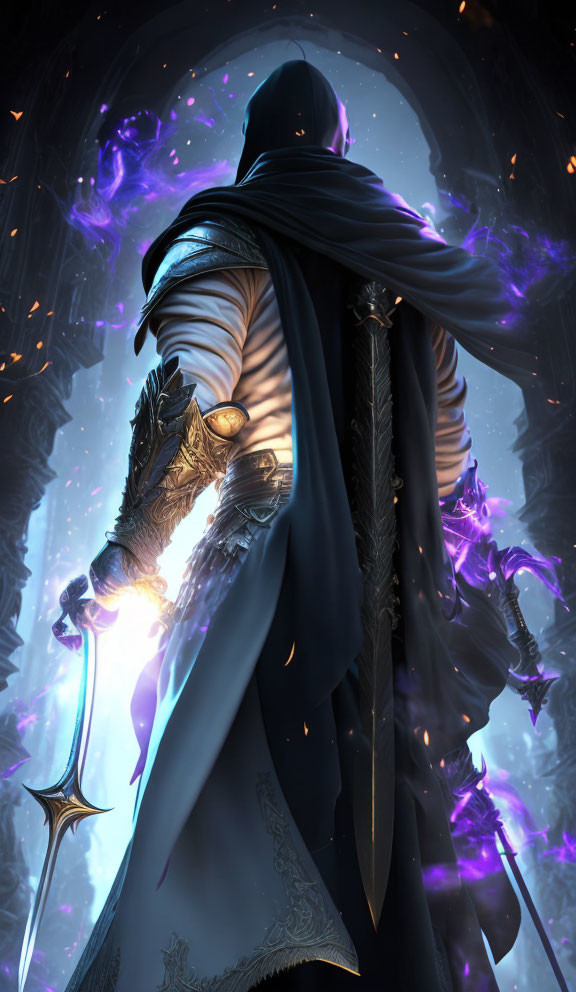 Cloaked figure in ornate armor with glowing scepter in front of archway surrounded by swirling purple