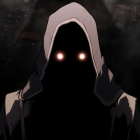 Mysterious Figure in Dark Armor with Glowing Red Eyes and Wing-like Embellishments