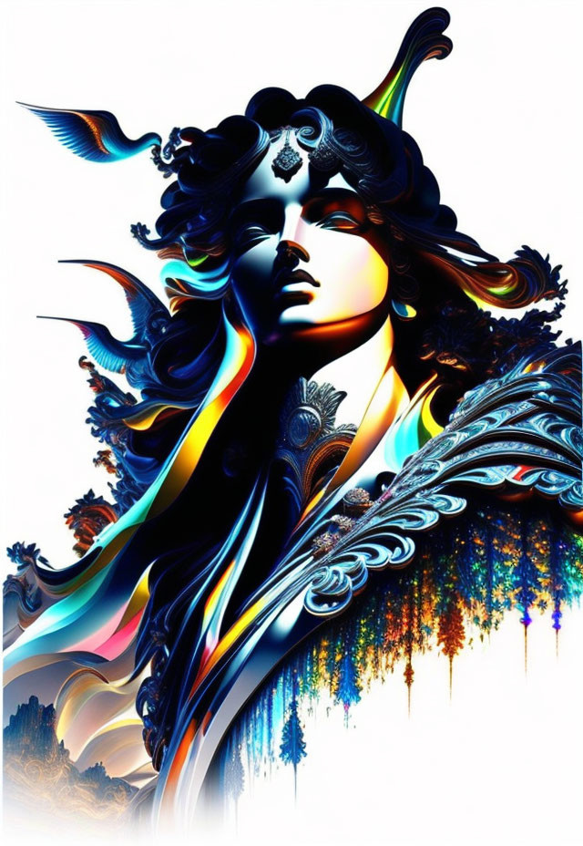 Colorful digital artwork: Woman with flowing hair and feathers in dreamlike forest.