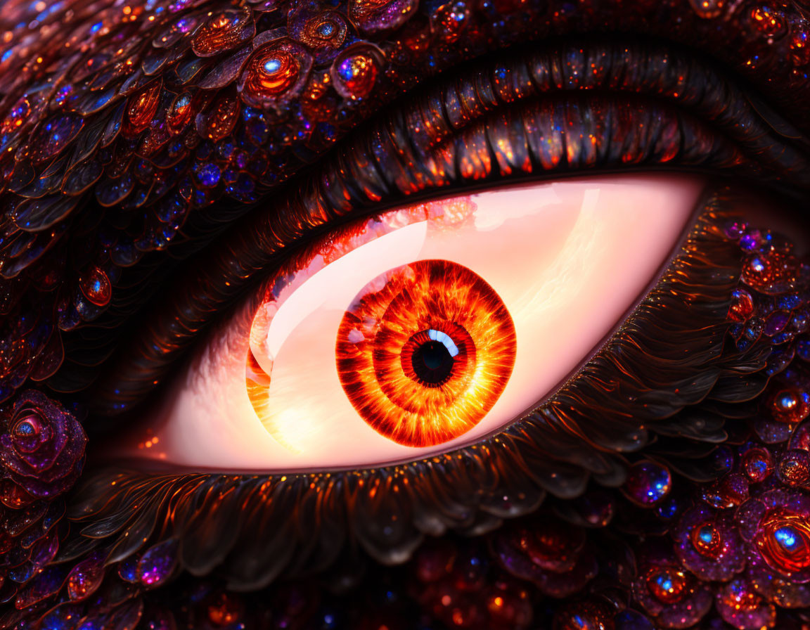 Close-up of surreal eye with iridescent textures and vivid reds