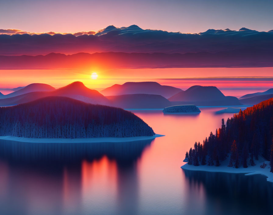 Tranquil sunset over calm lake and forested hills