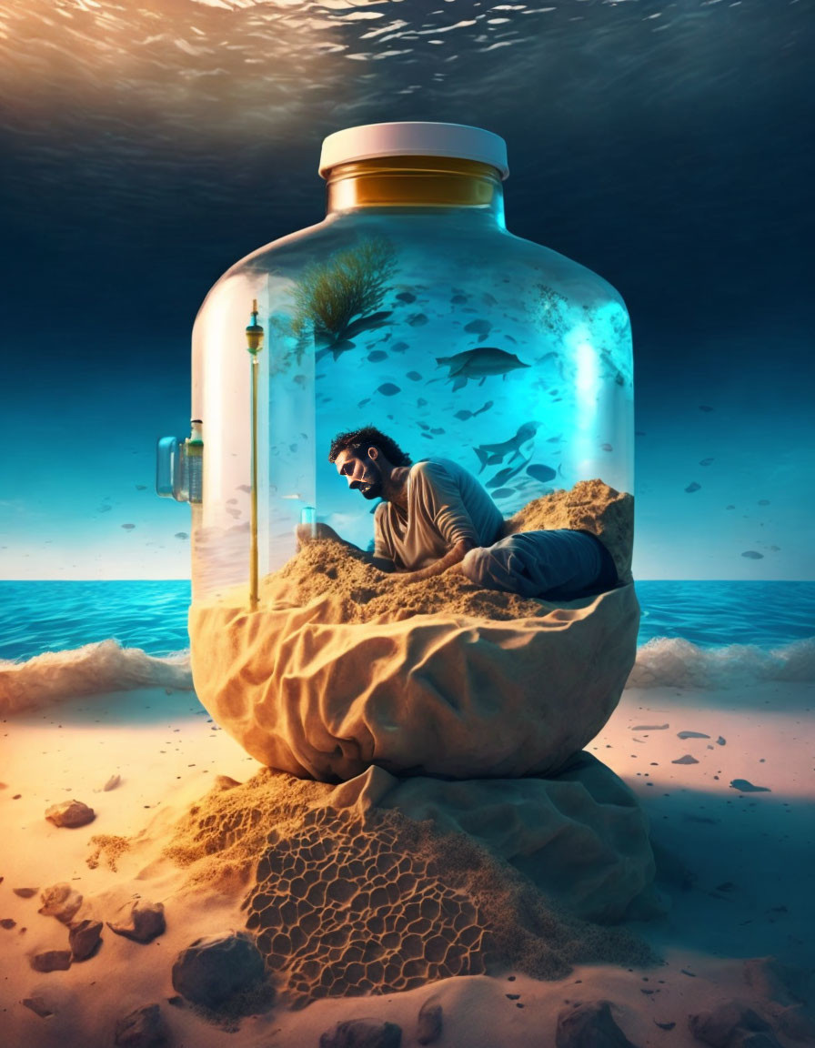 Person in transparent jar on beach with marine ecosystem.