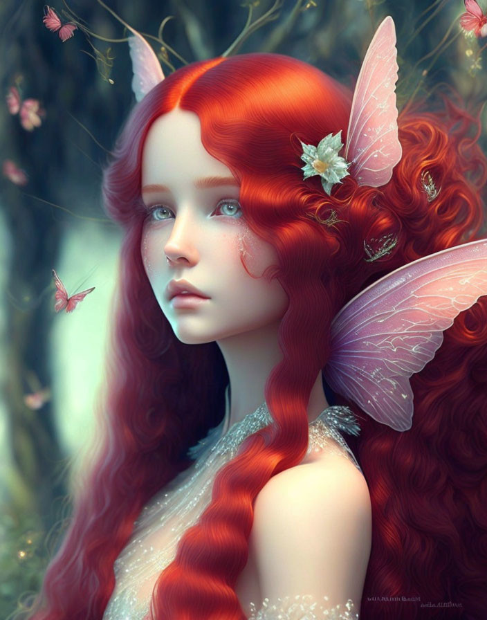 Fantasy digital artwork: Vibrant red-haired female character with butterfly wings and ethereal butterflies in natural