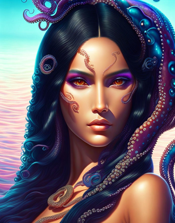 Vibrant digital artwork of woman with octopus-like features