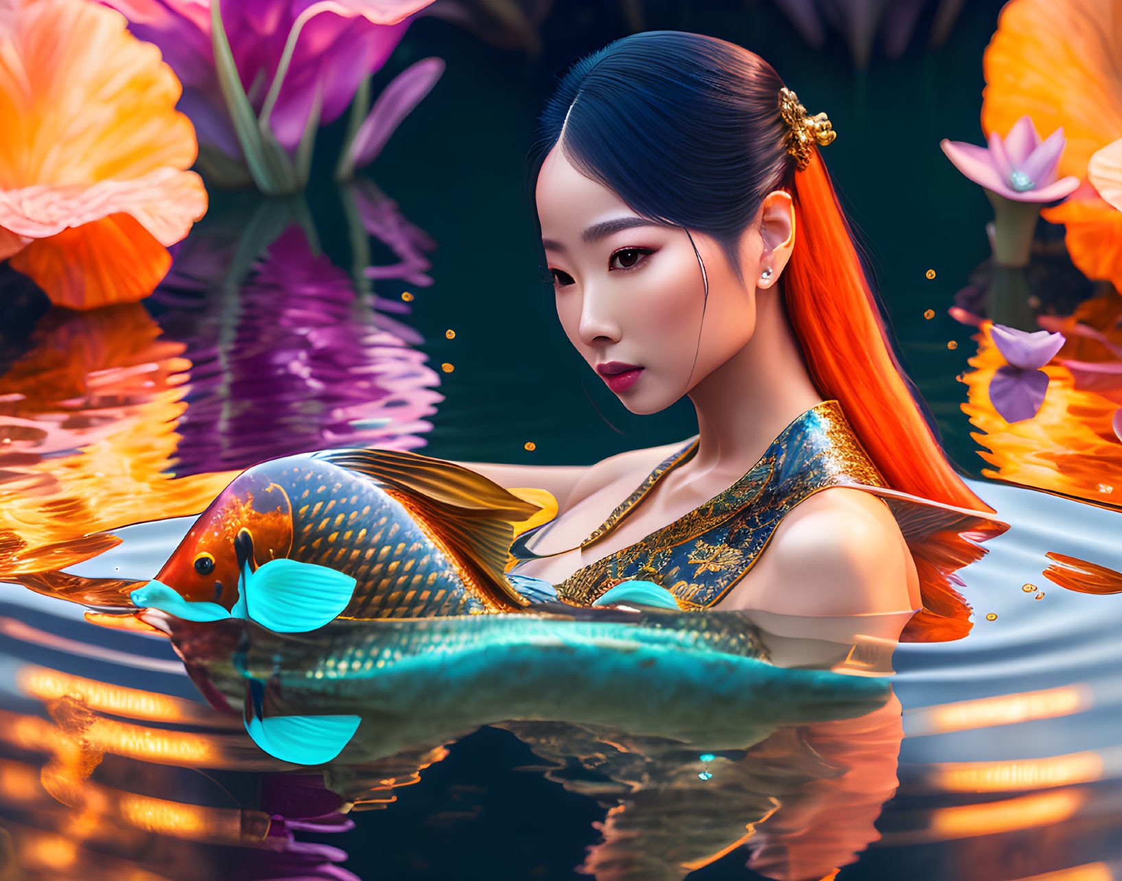 Illustrated woman in traditional attire with sleek hair holding colorful fish in tranquil pond