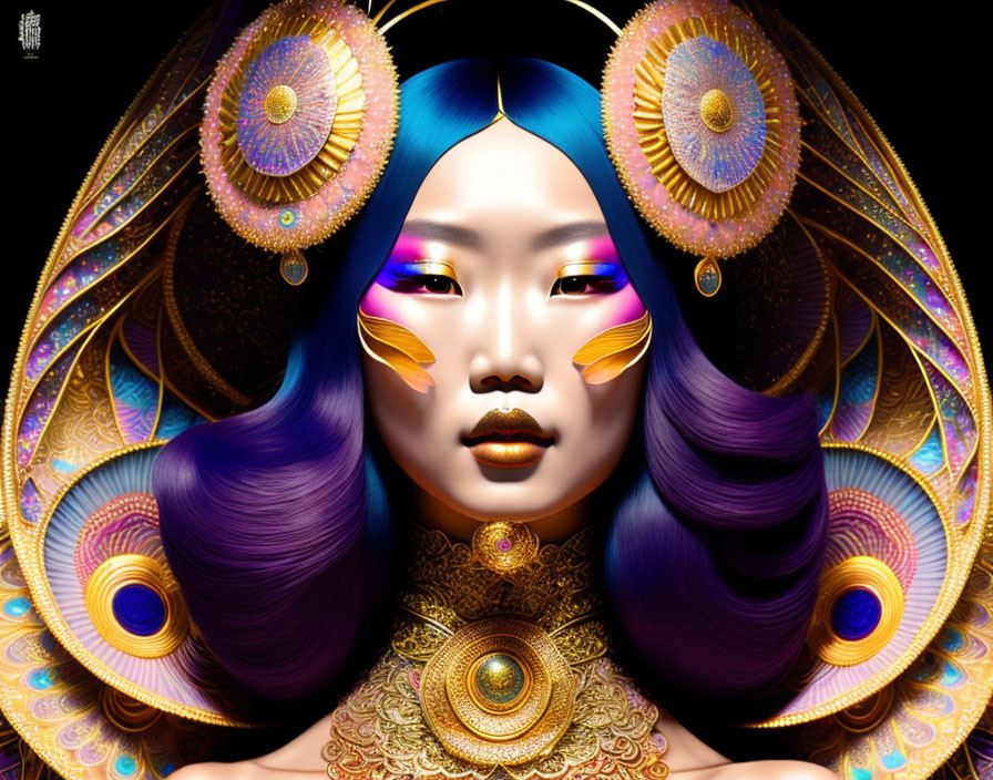 Vibrant digital artwork of woman with purple hair and golden-peacock accessories