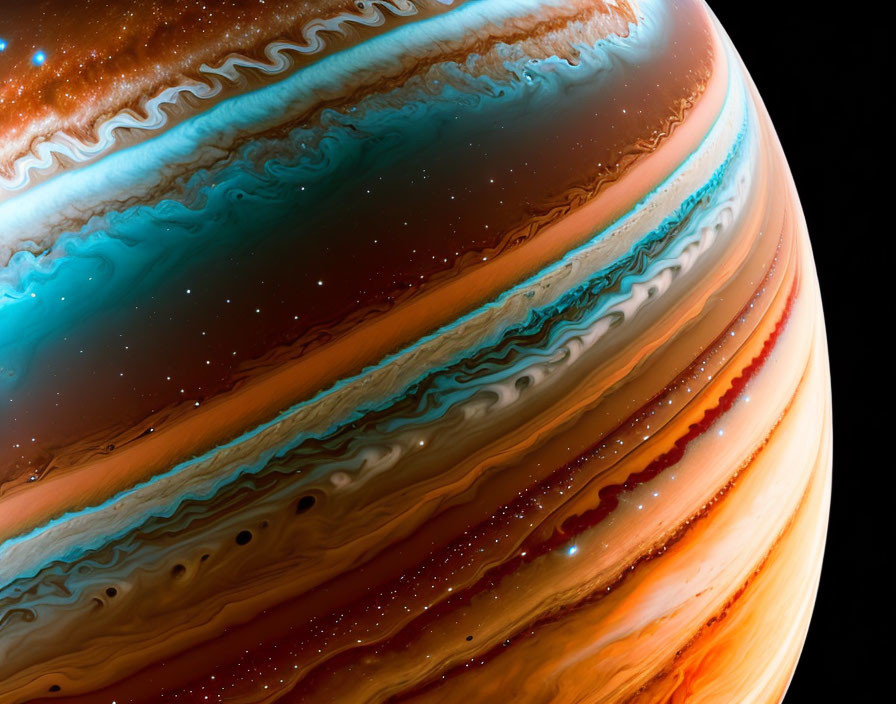 Detailed view of Jupiter's swirling clouds and storms in space