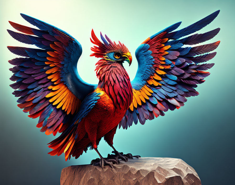 Colorful Phoenix with Spread Wings on Rock Against Gradient Background