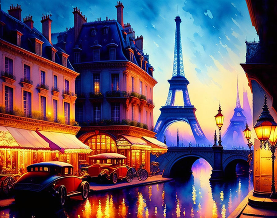 Illustration of Paris at dusk with Eiffel Tower, vintage cars, cafes, and twilight sky