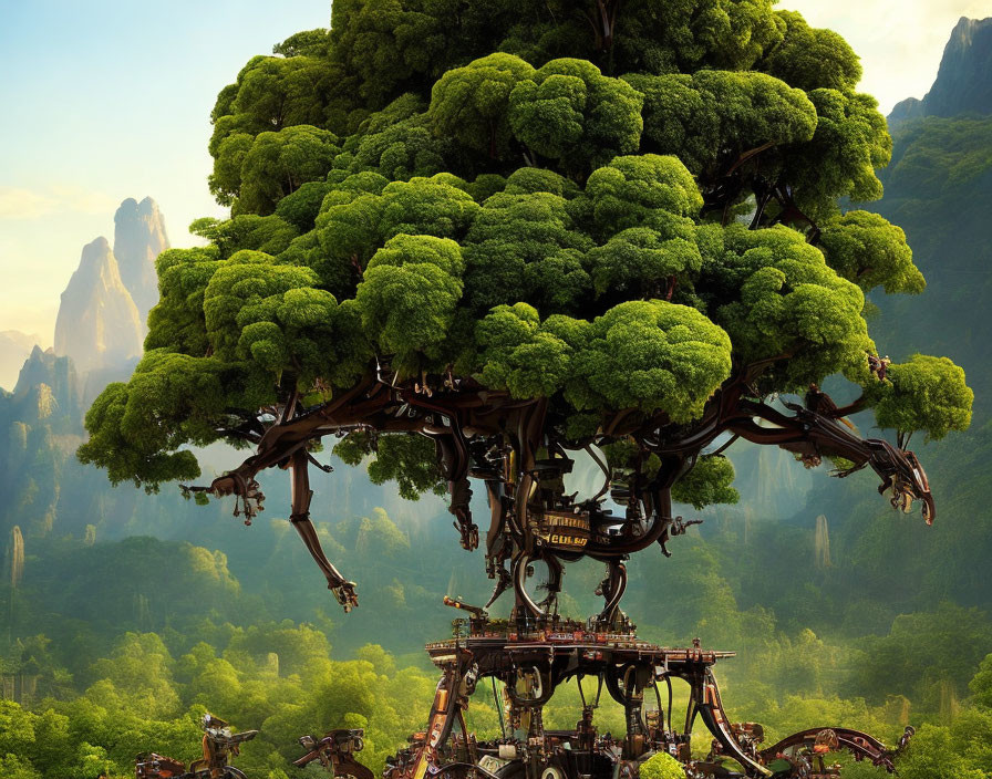 Gigantic tree and mechanical structure in mystical landscape