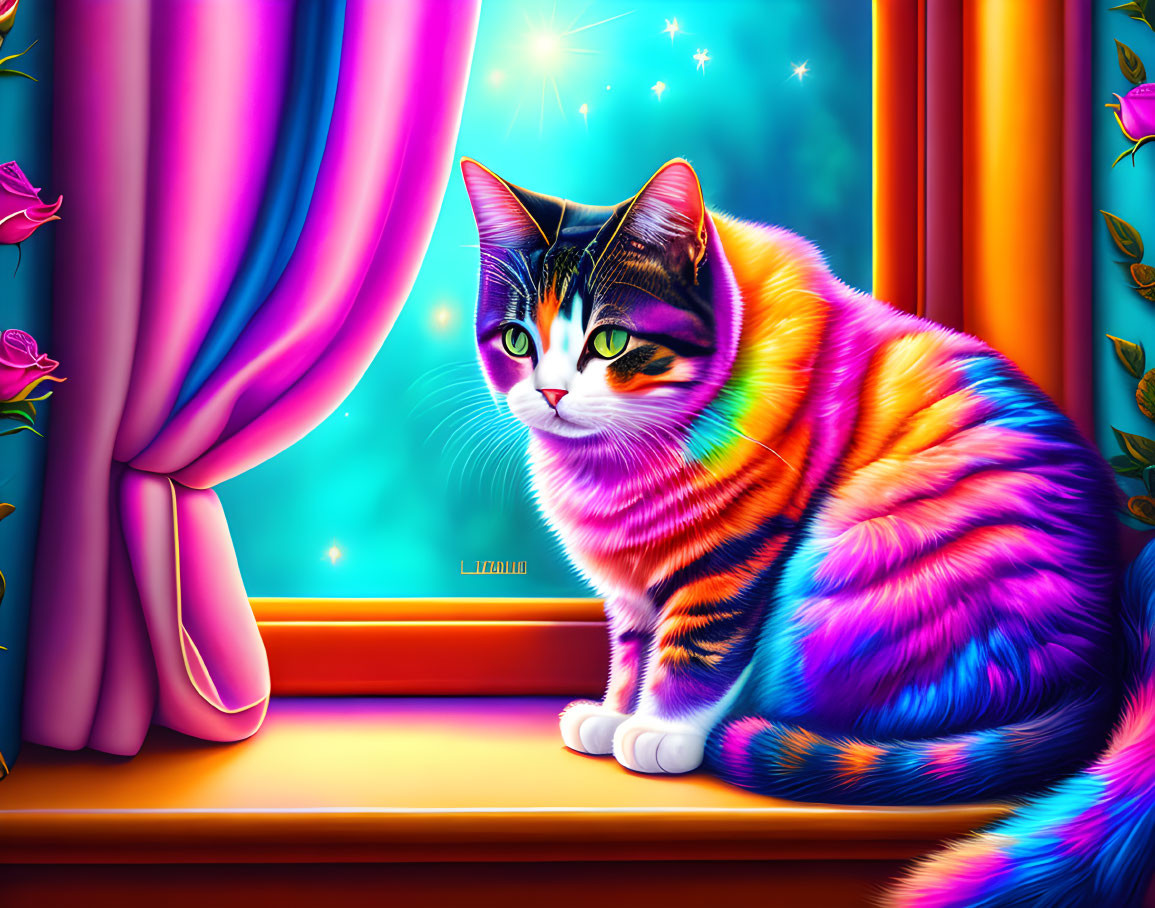 Colorful digital artwork of a starry cat on windowsill with purple curtain and night sky