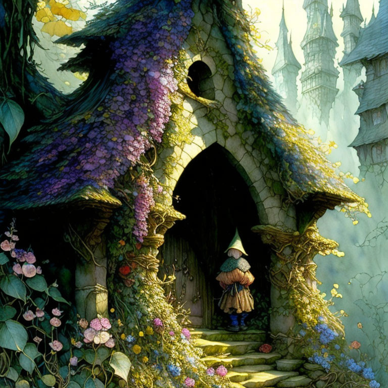 Illustrated gnome in front of whimsical cottage in lush forest with castle spires.