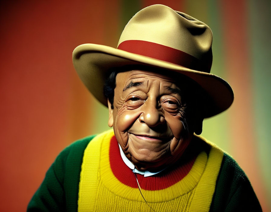 Elderly person in fedora and colorful attire on vibrant background