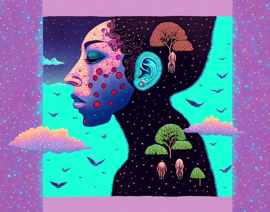 Surreal profile face art with nature elements on starry sky background