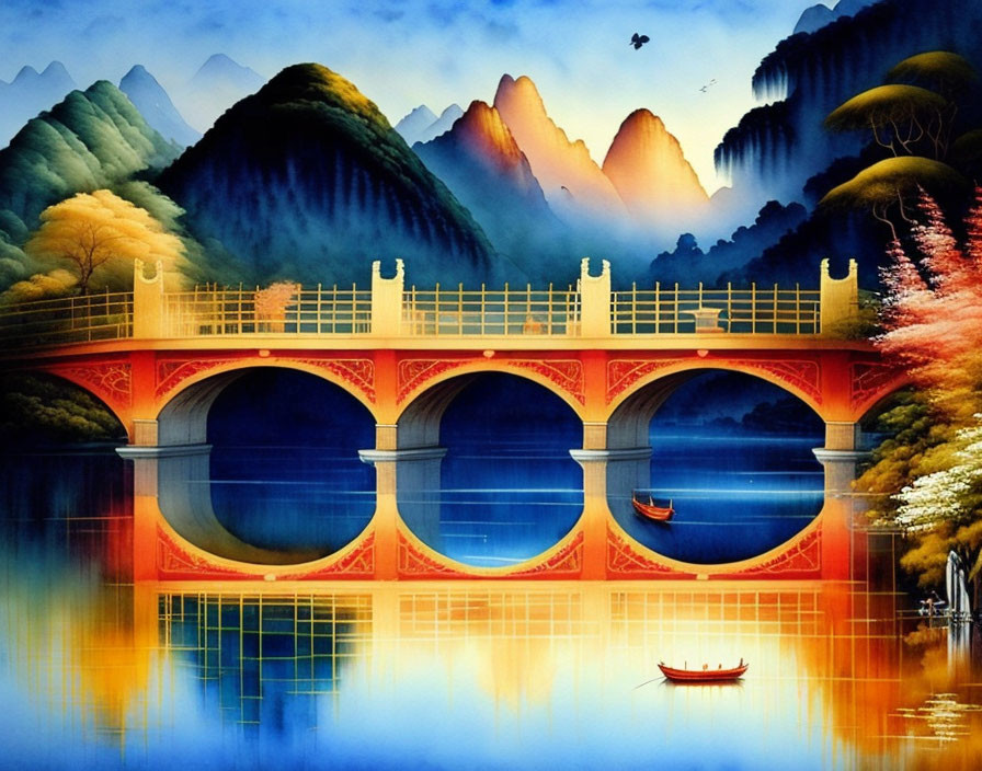 Serene landscape painting with autumn trees, mountains, bridge, and boat