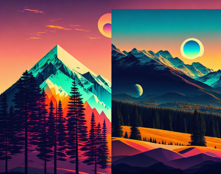 Colorful split composition of stylized mountains, forests, moons, and planets in surreal landscape