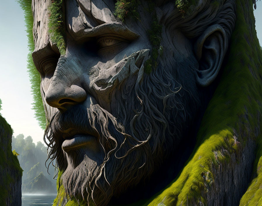 Giant moss-covered statue face in forest setting