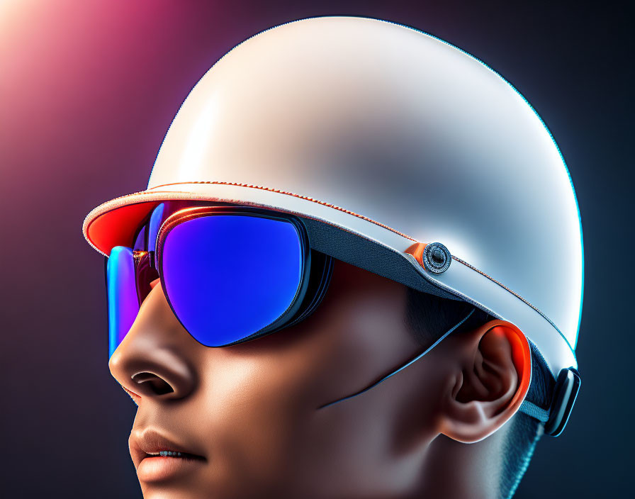 Person in white hard hat and blue sunglasses against colorful gradient backdrop