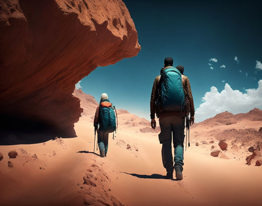 Hikers with backpacks in red desert landscape