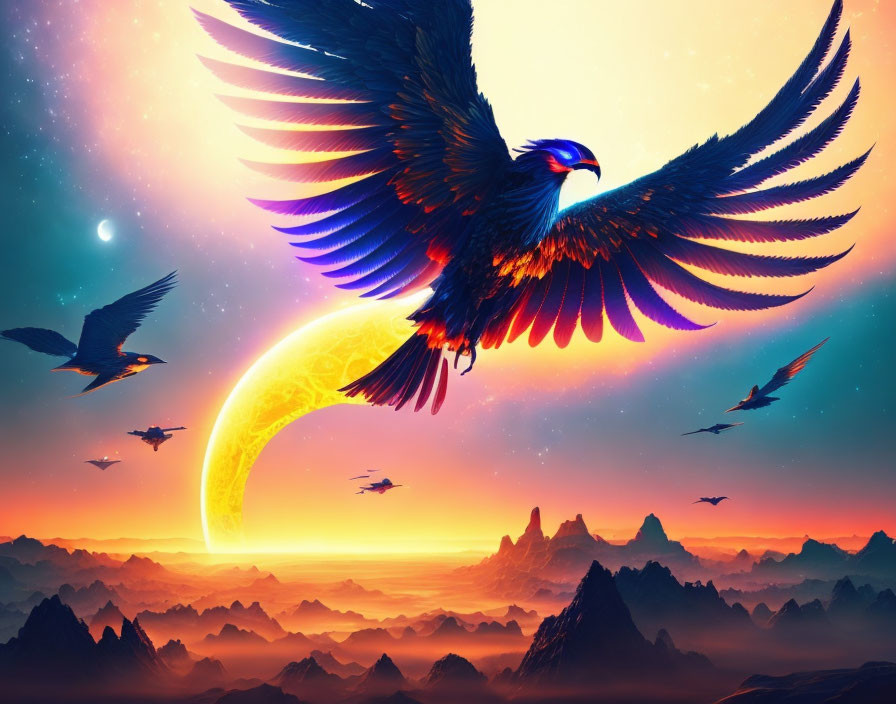 Majestic bird soaring in vibrant dusk sky with crescent moon and surreal mountains