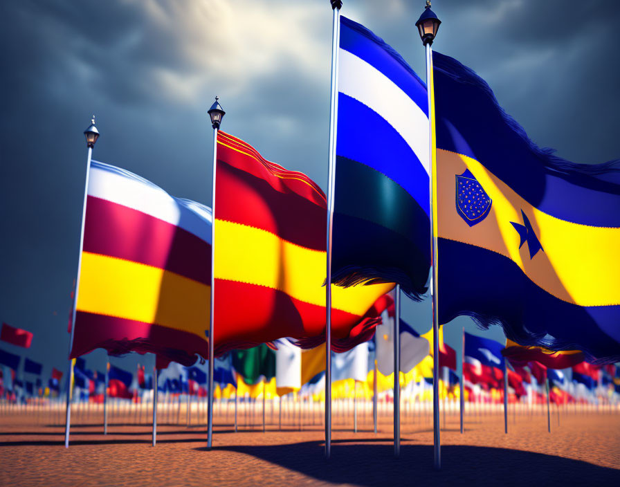 National flags fluttering under dramatic cloudy sky